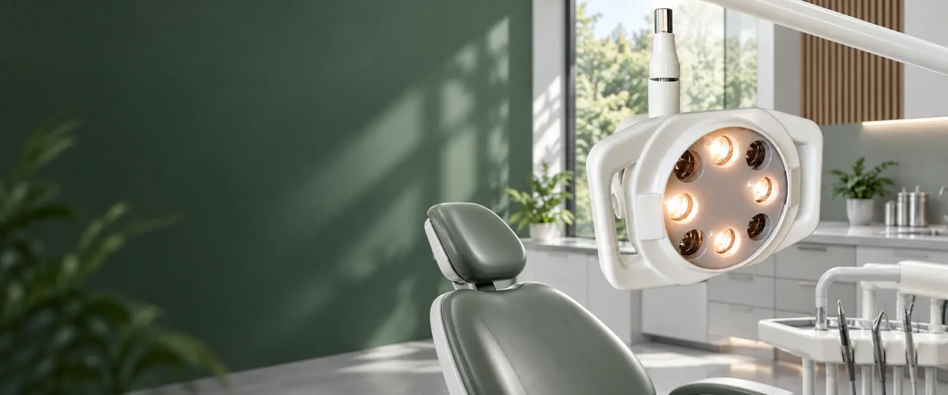Denta Devices eight-LED dental operating light installed in a premium dental treatment room